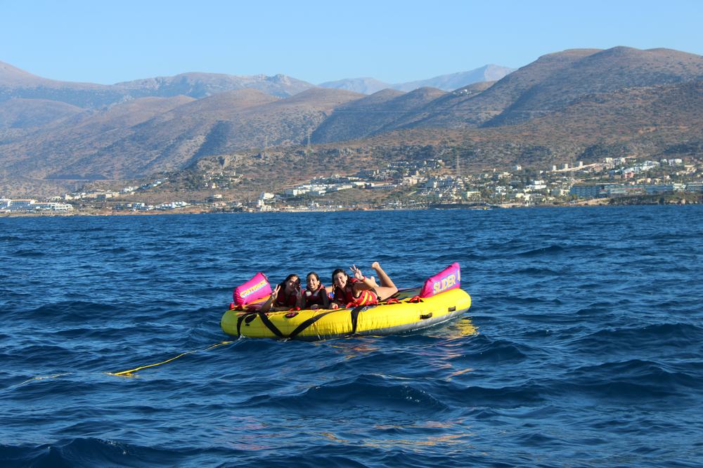 Three guests on the inflatable sofa